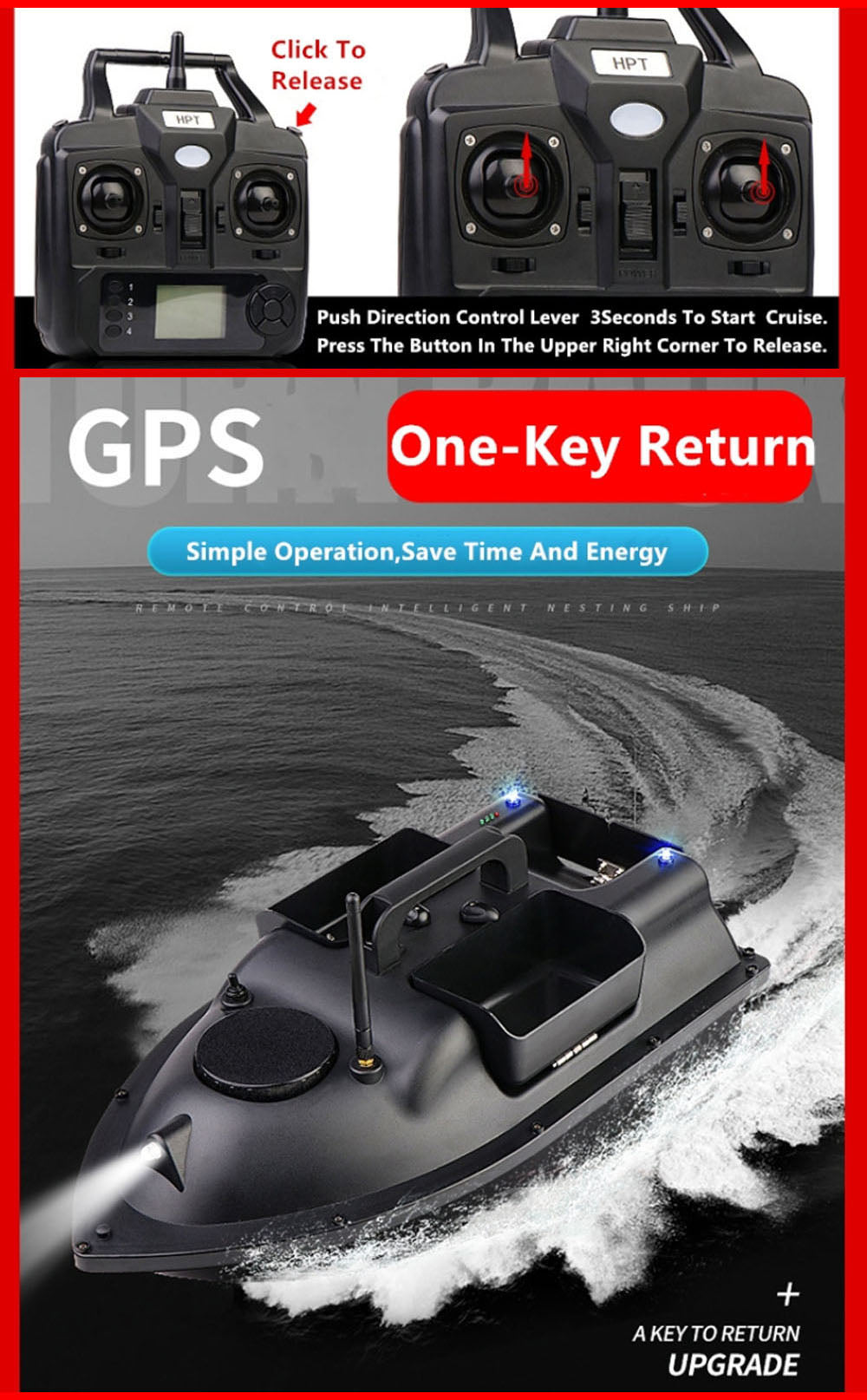 GPS Auto Return Intelligent Wireless Remote Control RC Bait Thrower Fishing Boat 500M 2KG Load High Speed Dual Light 3 Hopper