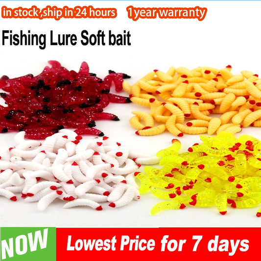50PCS Fishing Lure 2cm 0.4g Lifelike Worm Maggot Grub Soft Bait Silicone Artificial Soft Lure Smell Shrimp Additive Bass Carp